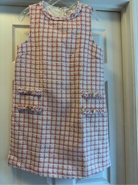 Fate Pink & White Tweed Shift Dress with Braided Trim
